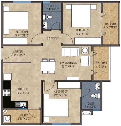Floor plan of 3 BHK 1270 Sq. Ft. Apartment in Mithuna White Bells, Bangalore