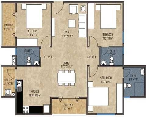 Floor plan of 3 BHK 1537 Sq. Ft. Apartment in Mithuna White Bells, Bangalore