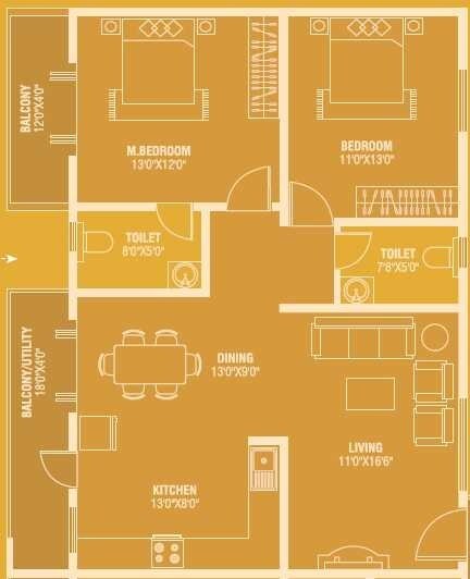 Floor plan of 2 BHK 1038 Sq. Ft. Apartment in Mitraa My Gate, Bangalore