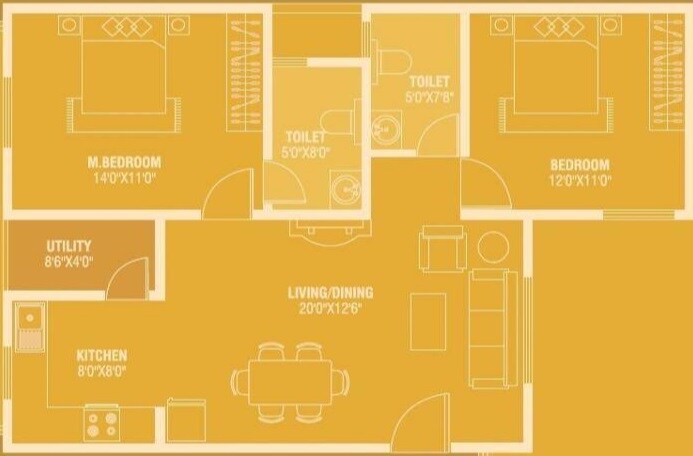 Floor plan of 2 BHK 1338 Sq. Ft. Apartment in Mitraa My Gate, Bangalore