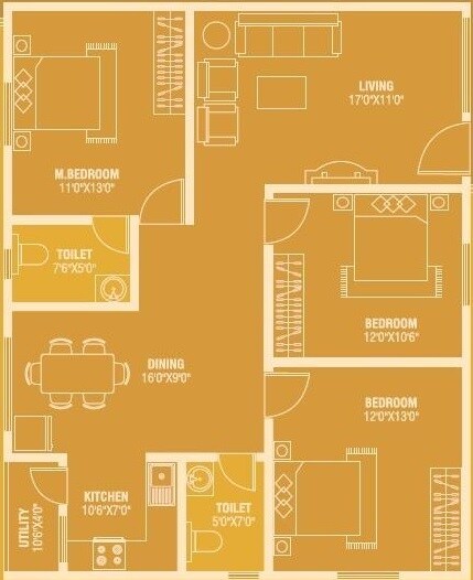 Floor plan of 3 BHK 1410 Sq. Ft. Apartment in Mitraa My Gate, Bangalore