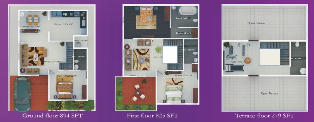 Floor plan of 3 BHK 1998 Sq. Ft. Villa in Lake View Golden Nest, Bangalore