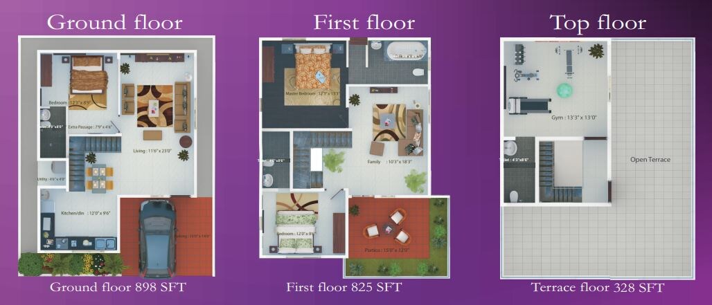 Floor plan of 3 BHK 2051 Sq. Ft. Villa in Lake View Golden Nest, Bangalore