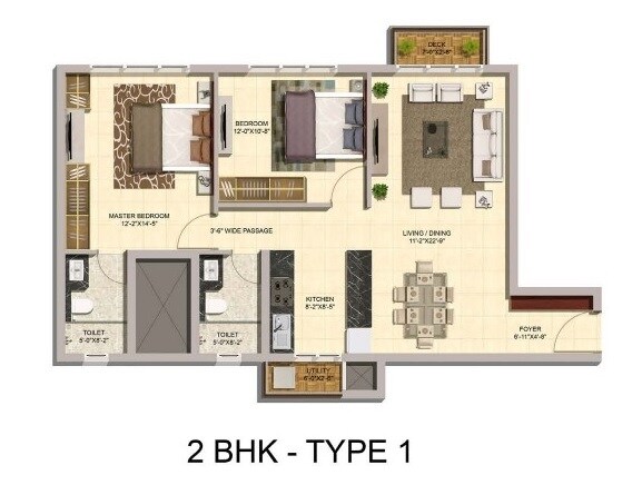 Floor plan of 2 BHK 1220 Sq. Ft. Apartment in Mittal Elanza, Bangalore