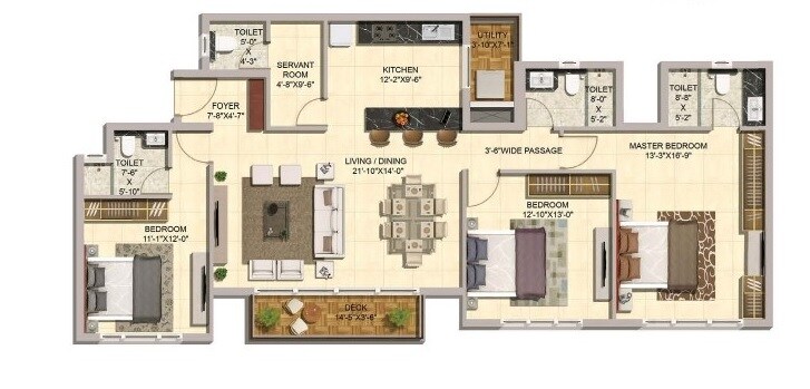 Floor plan of 3 BHK 1625 Sq. Ft. Apartment in Mittal Elanza, Bangalore