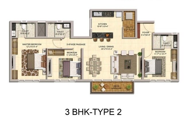 Floor plan of 3 BHK 1915 Sq. Ft. Apartment in Mittal Elanza, Bangalore