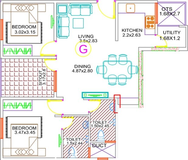 Floor plan of 2 BHK 1023 Sq. Ft. Apartment in MJ Avershine, Bangalore
