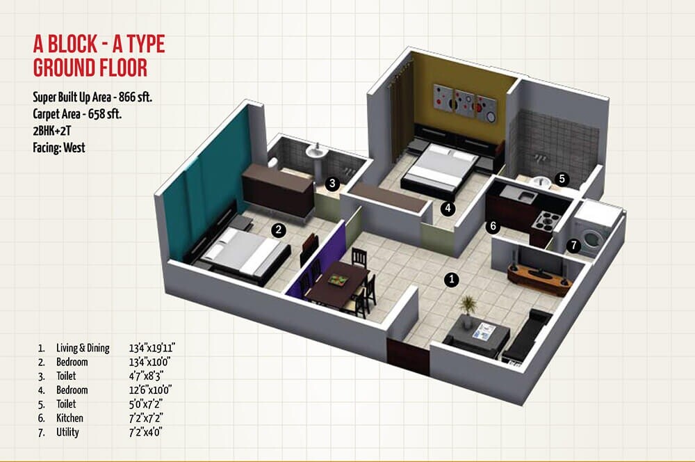 Floor plan of 2 BHK 866 Sq. Ft. Apartment in MJ Avershine, Bangalore