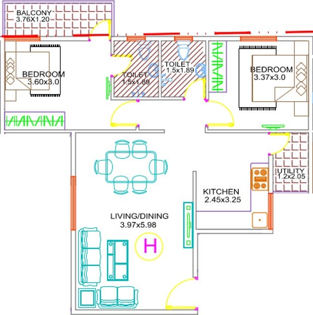 Floor plan of 2 BHK 886 Sq. Ft. Apartment in MJ Avershine, Bangalore