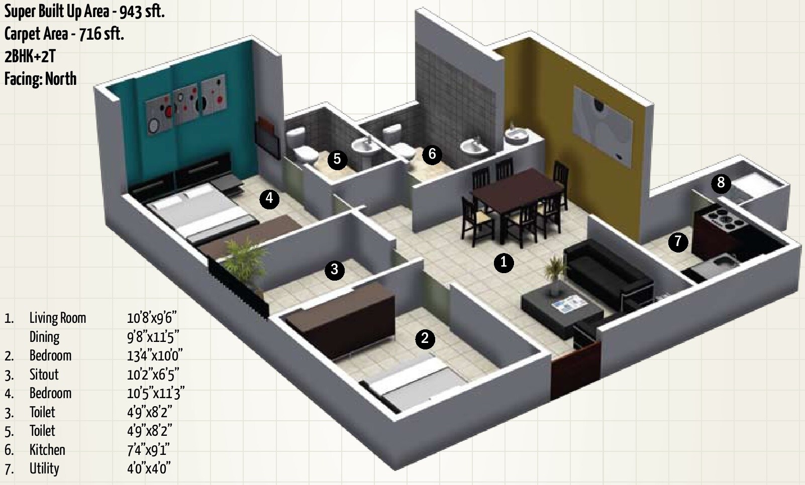 Floor plan of 2 BHK 943 Sq. Ft. Apartment in MJ Avershine, Bangalore