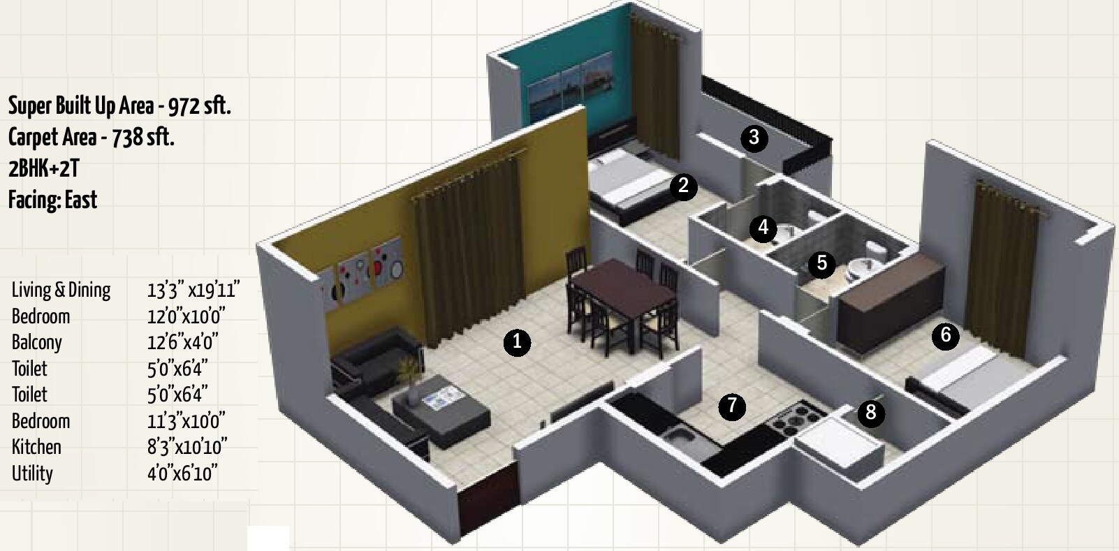 Floor plan of 2 BHK 972 Sq. Ft. Apartment in MJ Avershine, Bangalore