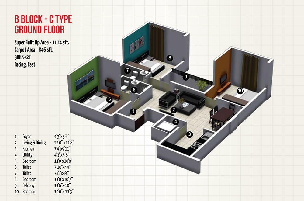 Floor plan of 3 BHK 1114 Sq. Ft. Apartment in MJ Avershine, Bangalore