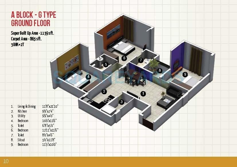 Floor plan of 3 BHK 1139 Sq. Ft. Apartment in MJ Avershine, Bangalore