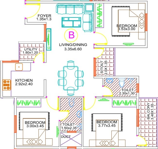 Floor plan of 3 BHK 1145 Sq. Ft. Apartment in MJ Avershine, Bangalore
