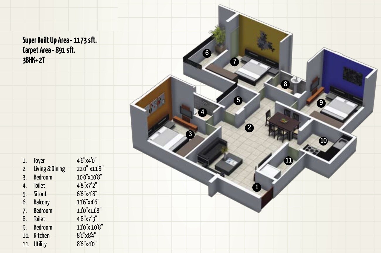 Floor plan of 3 BHK 1173 Sq. Ft. Apartment in MJ Avershine, Bangalore