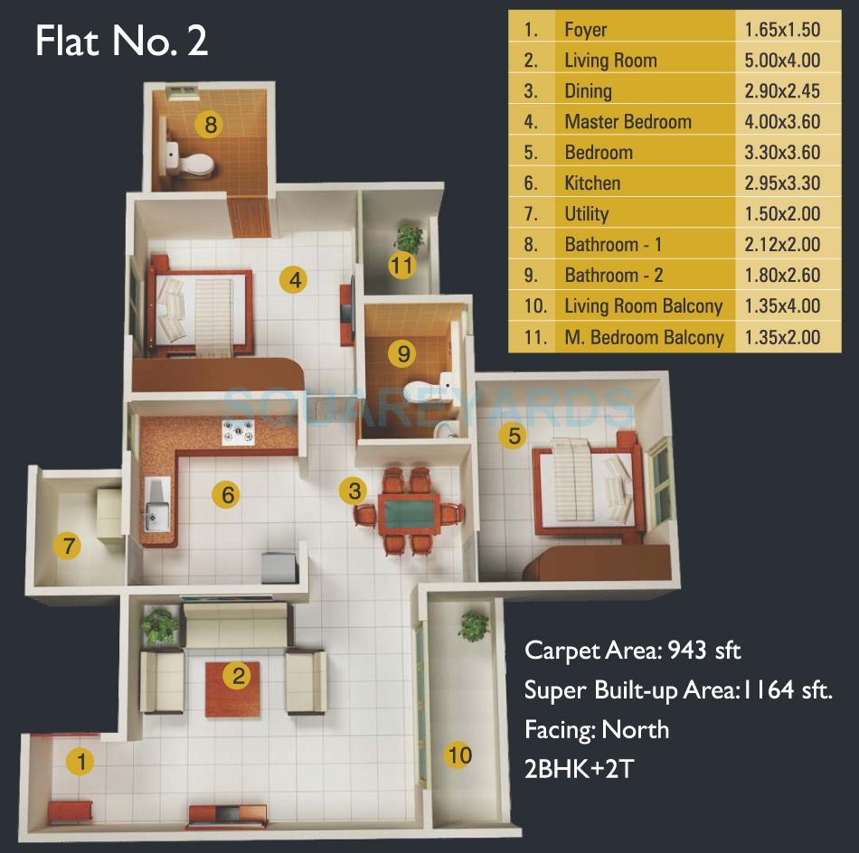 Floor plan of 2 BHK 1164 Sq. Ft. Apartment in MJ Lifestyle Amadeus, Bangalore