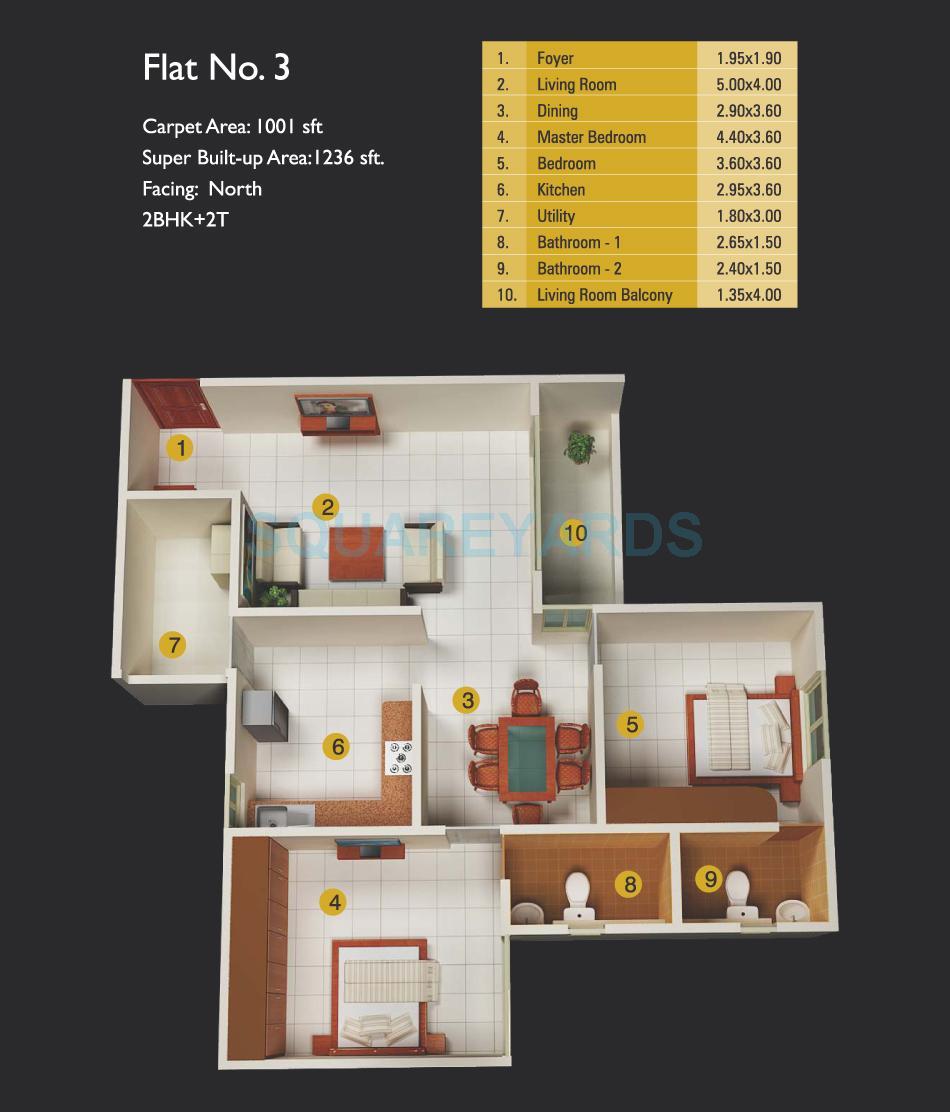 Floor plan of 2 BHK 1236 Sq. Ft. Apartment in MJ Lifestyle Amadeus, Bangalore