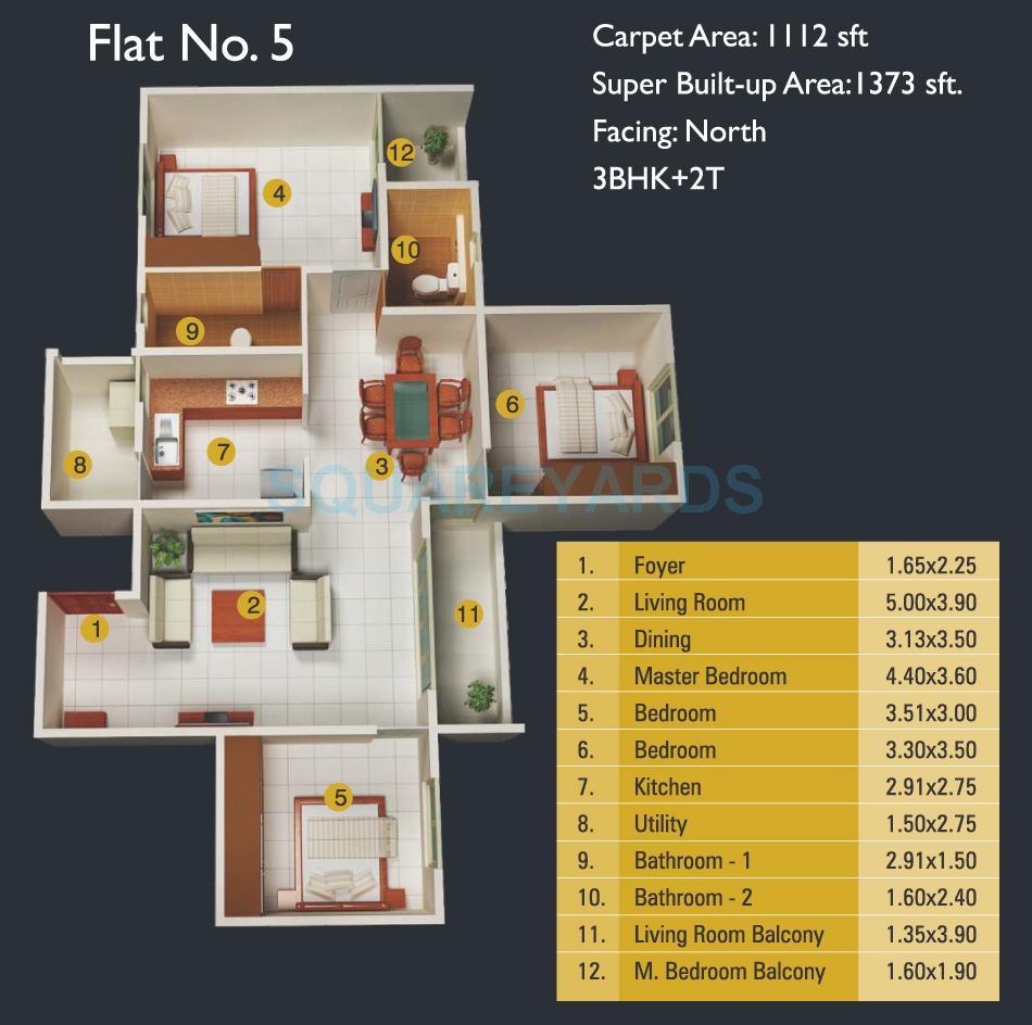 Floor plan of 3 BHK 1373 Sq. Ft. Apartment in MJ Lifestyle Amadeus, Bangalore