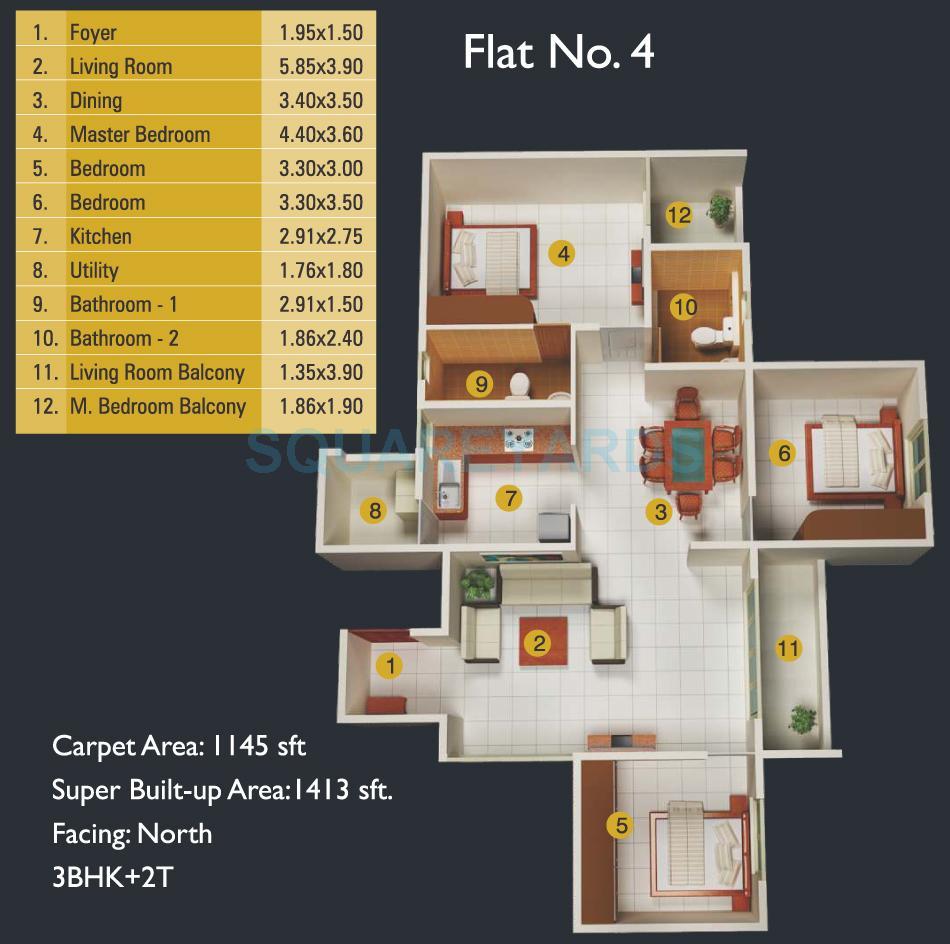 Floor plan of 3 BHK 1413 Sq. Ft. Apartment in MJ Lifestyle Amadeus, Bangalore