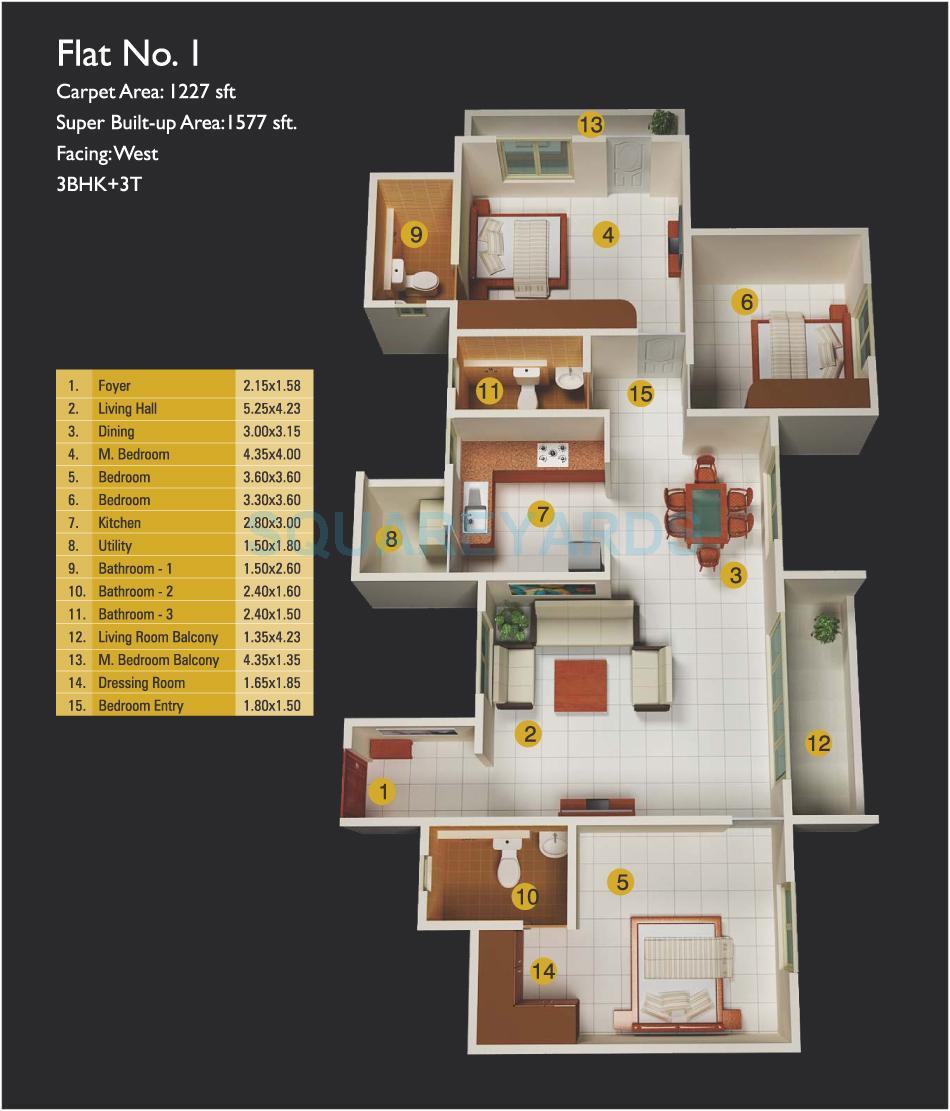 Floor plan of 3 BHK 1510 Sq. Ft. Apartment in MJ Lifestyle Amadeus, Bangalore