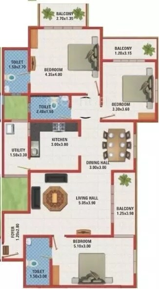 Floor plan of 3 BHK 1620 Sq. Ft. Apartment in MJ Lifestyle Amadeus, Bangalore