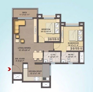 Floor plan of 2 BHK 1060 Sq. Ft. Apartment in MJR Clique Hydra, Bangalore