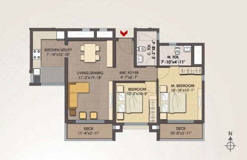 Floor plan of 2 BHK 1150 Sq. Ft. Apartment in MJR Clique Hydra, Bangalore