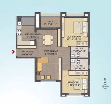 Floor plan of 2 BHK 1170 Sq. Ft. Apartment in MJR Clique Hydra, Bangalore
