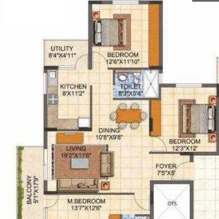 Floor plan of 2 BHK 1155 Sq. Ft. Apartment in MJR Pearl, Bangalore
