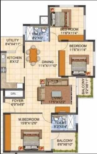 Floor plan of 3 BHK 2520 Sq. Ft. Apartment in MJR Pearl, Bangalore