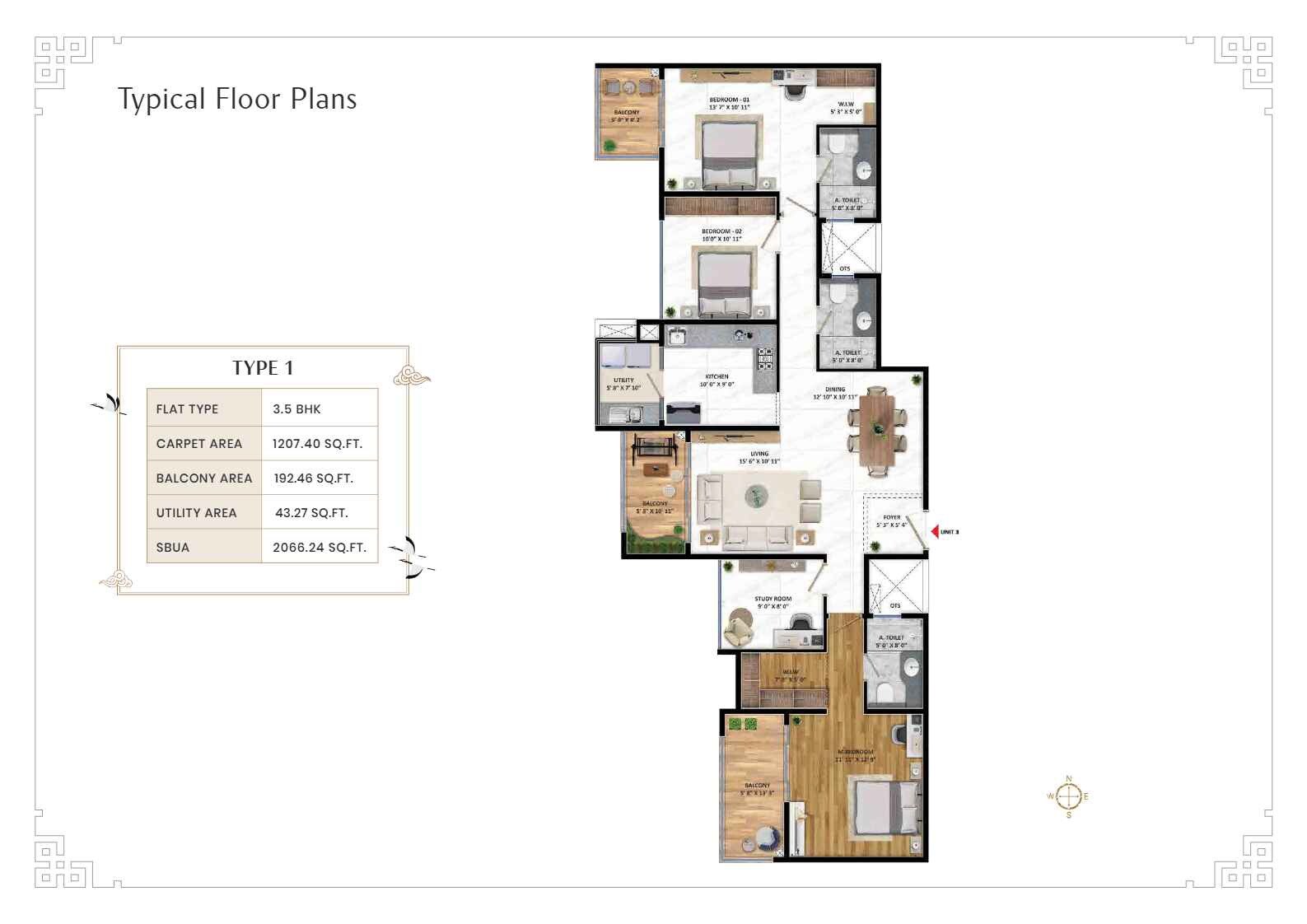 Floor plan of 3 BHK 2066 Sq. Ft. Apartment in MJR Satori Residence, Bangalore