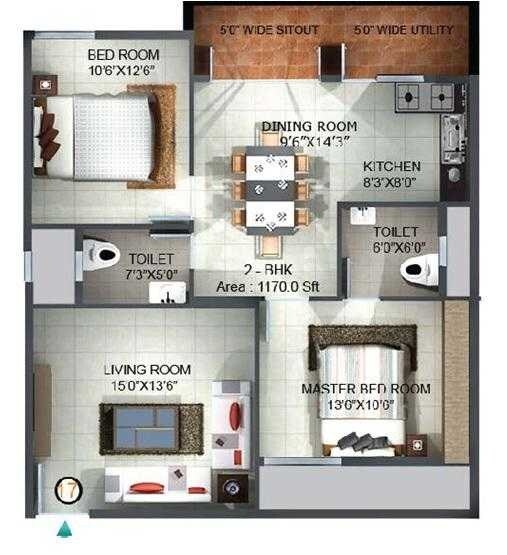 Floor plan of 2 BHK 1170 Sq. Ft. Apartment in MK Shri Sai Lake Ville, Bangalore