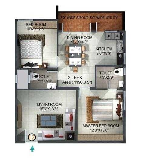 Floor plan of 2 BHK 1190 Sq. Ft. Apartment in MK Shri Sai Lake Ville, Bangalore