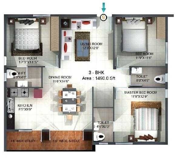 Floor plan of 3 BHK 1490 Sq. Ft. Apartment in MK Shri Sai Lake Ville, Bangalore