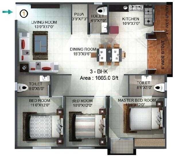 Floor plan of 3 BHK 1665 Sq. Ft. Apartment in MK Shri Sai Lake Ville, Bangalore