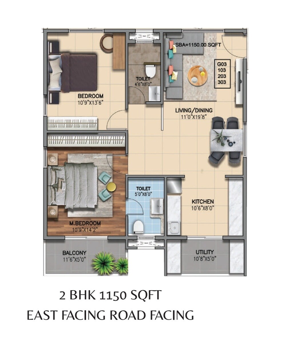 Floor plan of 2 BHK 1150 Sq. Ft. Apartment in MLN Enclave, Bangalore