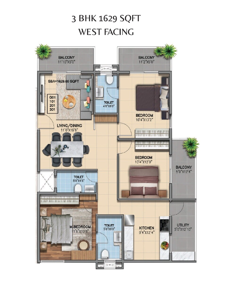 Floor plan of 3 BHK 1629 Sq. Ft. Apartment in MLN Enclave, Bangalore