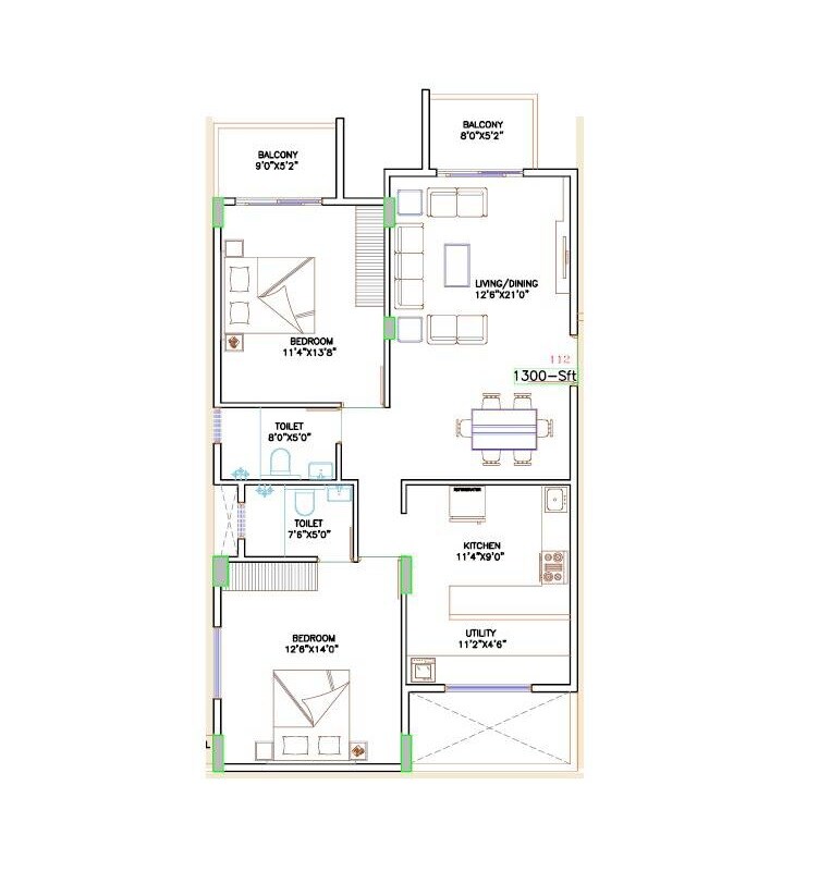 Floor plan of 2 BHK 1300 Sq. Ft. Apartment in MLN Signature, Bangalore