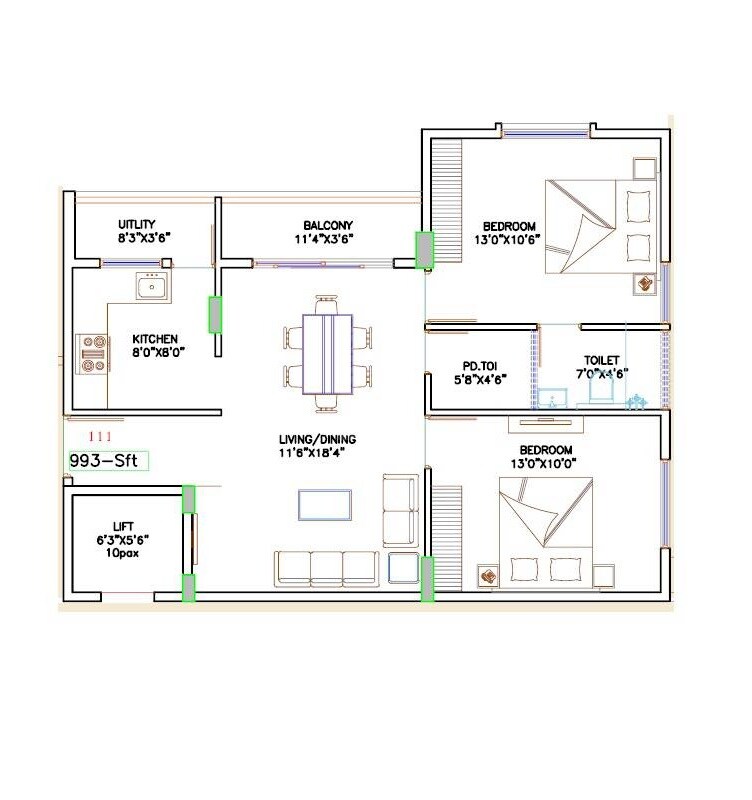 Floor plan of 2 BHK 993 Sq. Ft. Apartment in MLN Signature, Bangalore