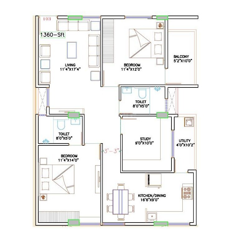 Floor plan of 3 BHK 1360 Sq. Ft. Apartment in MLN Signature, Bangalore