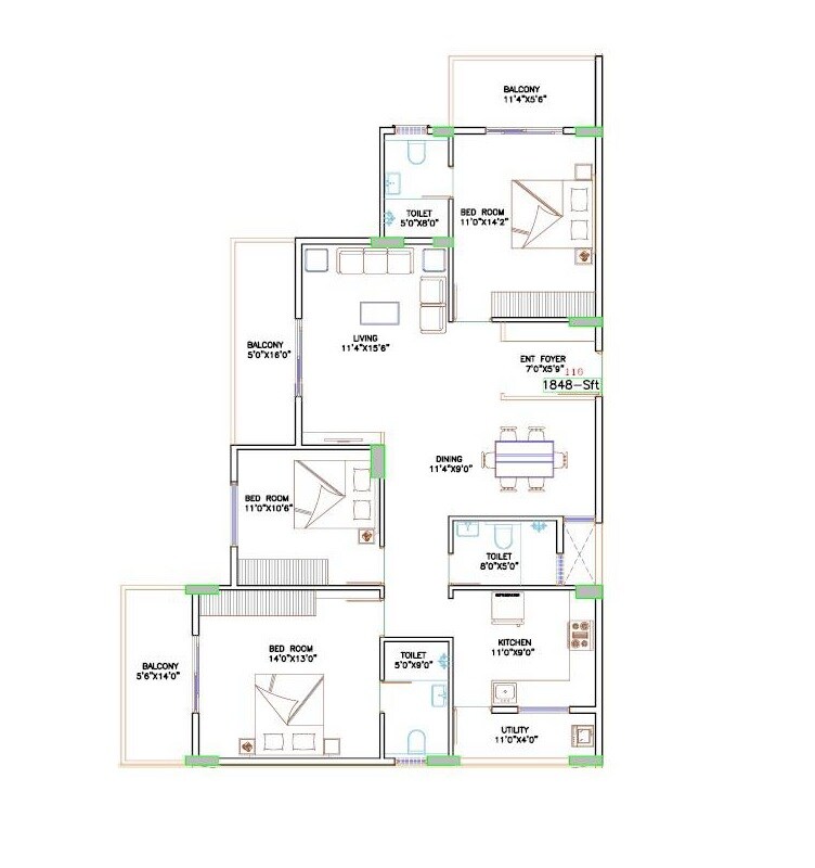 Floor plan of 3 BHK 1848 Sq. Ft. Apartment in MLN Signature, Bangalore