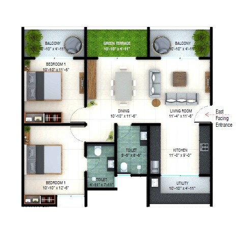 Floor plan of 2 BHK 1205 Sq. Ft. Apartment in MM Destiny Gables, Bangalore