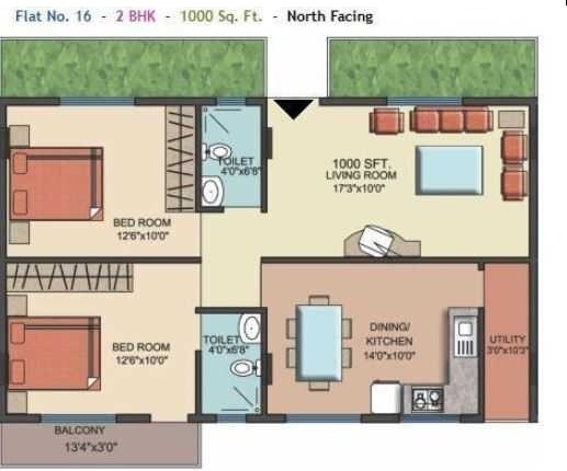 Floor plan of 2 BHK 1000 Sq. Ft. Apartment in MN Credence Flora, Bangalore