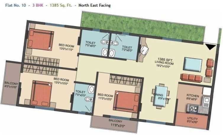 Floor plan of 3 BHK 1385 Sq. Ft. Apartment in MN Credence Flora, Bangalore