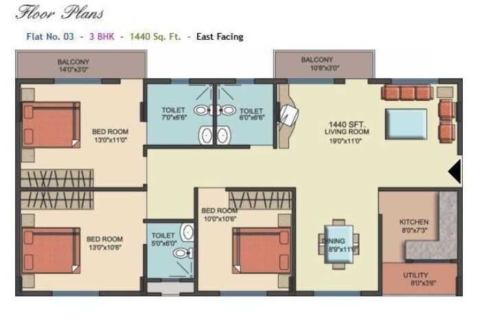 Floor plan of 3 BHK 1440 Sq. Ft. Apartment in MN Credence Flora, Bangalore