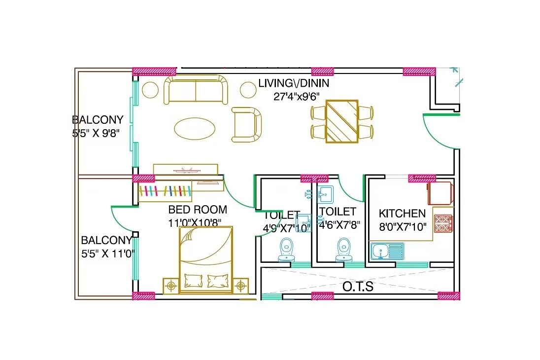 Floor plan of 1 BHK 875 Sq. Ft. Apartment in Model Harmony, Bangalore