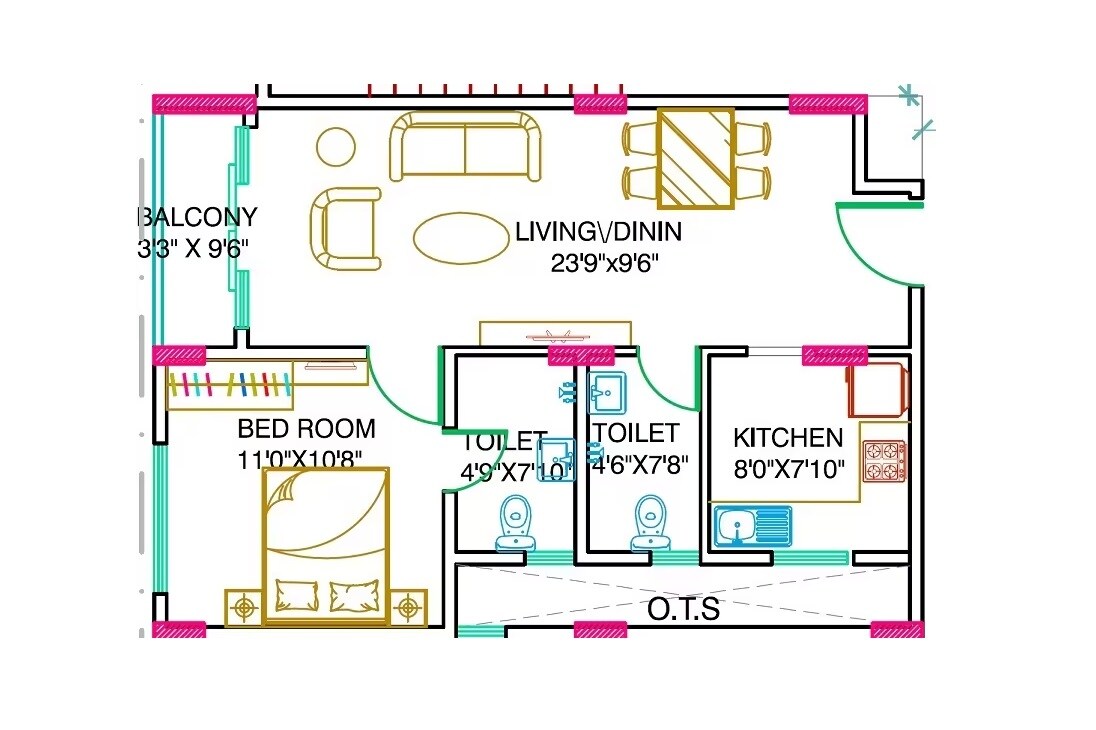 Floor plan of 1 BHK 926 Sq. Ft. Apartment in Model Harmony, Bangalore