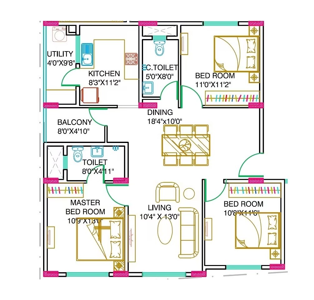 Floor plan of 3 BHK 1537 Sq. Ft. Apartment in Model Harmony, Bangalore