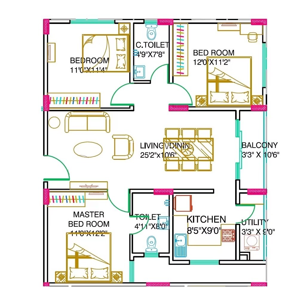Floor plan of 3 BHK 1806 Sq. Ft. Apartment in Model Harmony, Bangalore