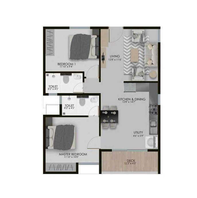 Floor plan of 2 BHK 1021 Sq. Ft. Apartment in Modern 302 West, Bangalore
